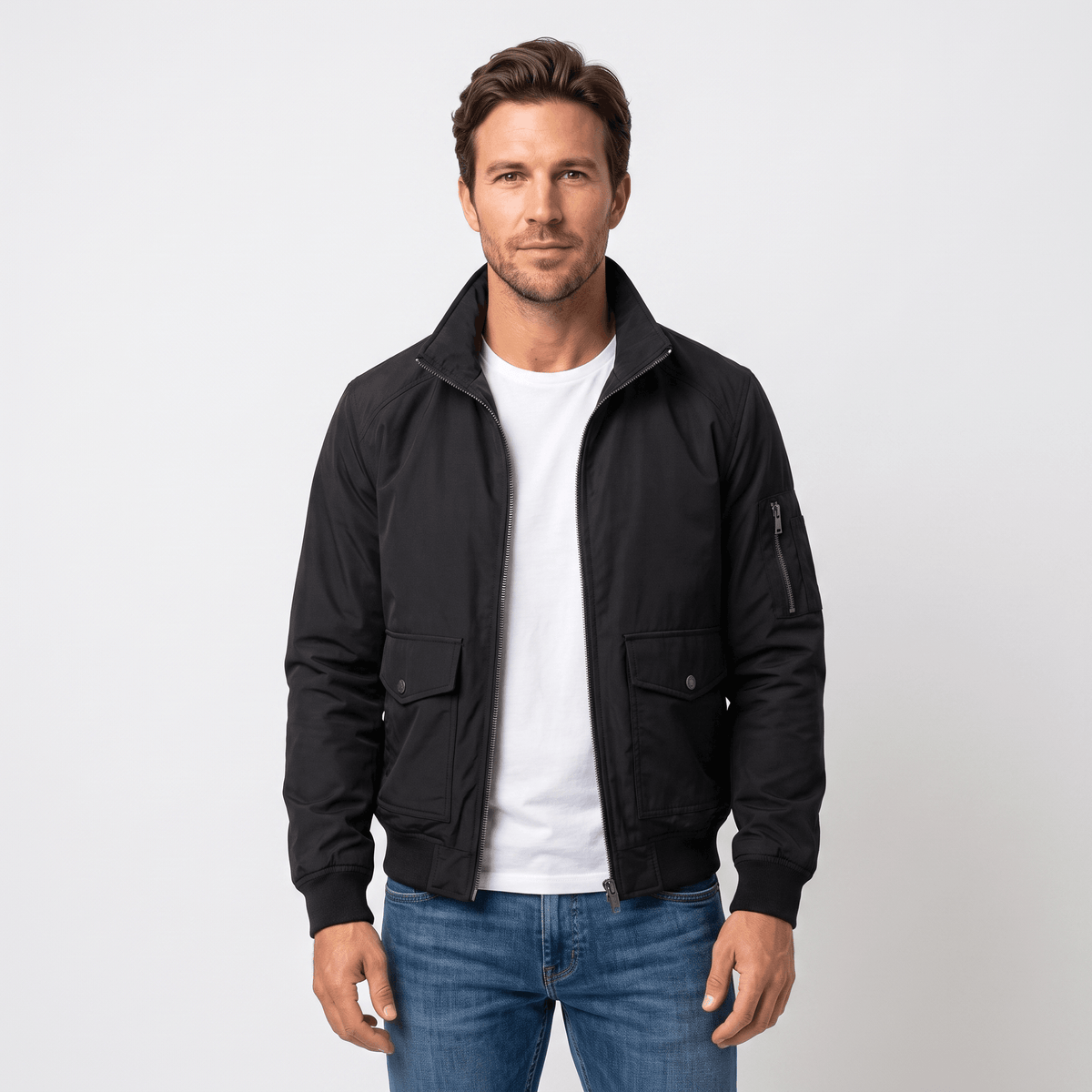 Men's stand collar bomber jacket with flap pockets - dark blue