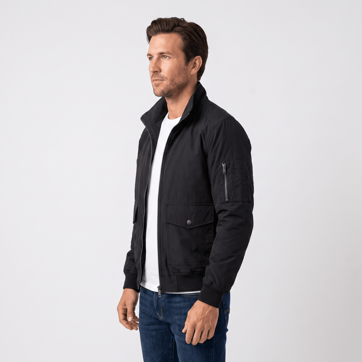 Men's stand collar bomber jacket with flap pockets