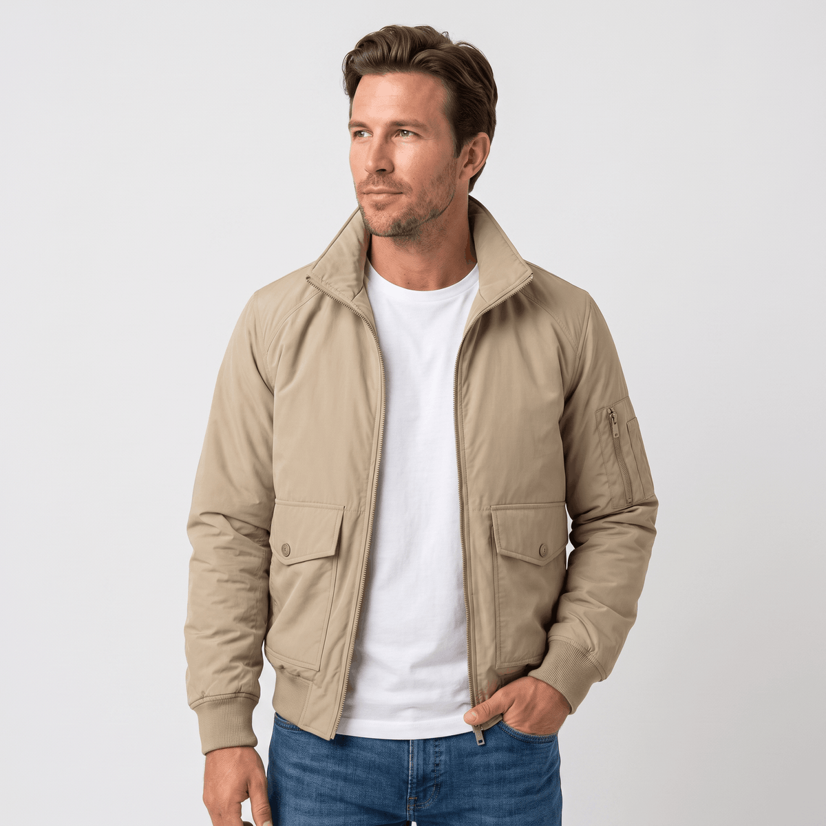 Men's stand collar bomber jacket with flap pockets - beige