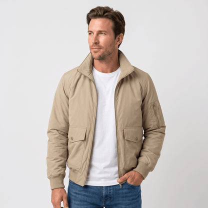 Men's stand collar bomber jacket with flap pockets - beige