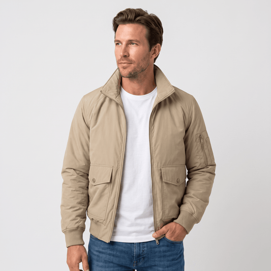 Men's stand collar bomber jacket with flap pockets - beige
