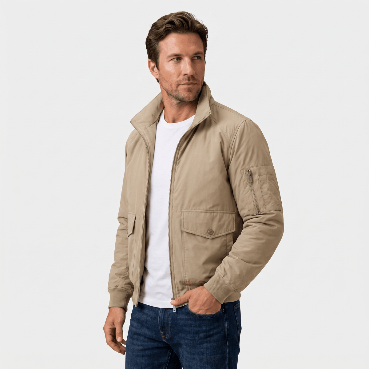 Men's stand collar bomber jacket with flap pockets
