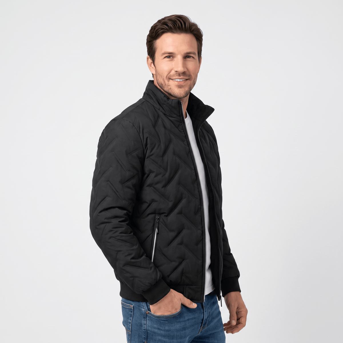Men's chevron quilted bomber jacket with stand collar