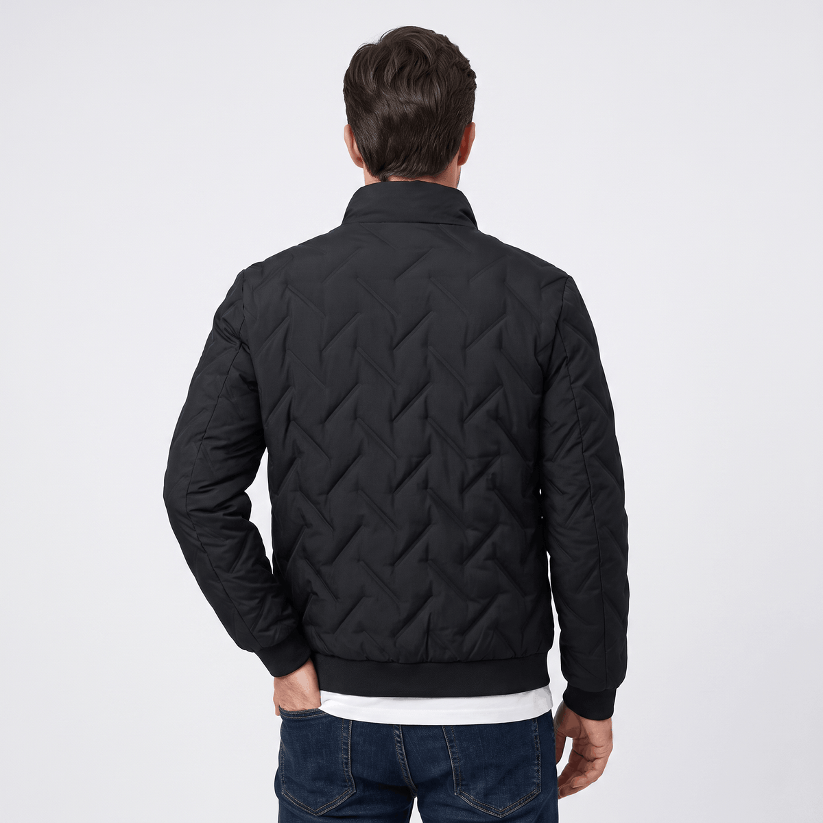 Men's chevron quilted bomber jacket with stand collar