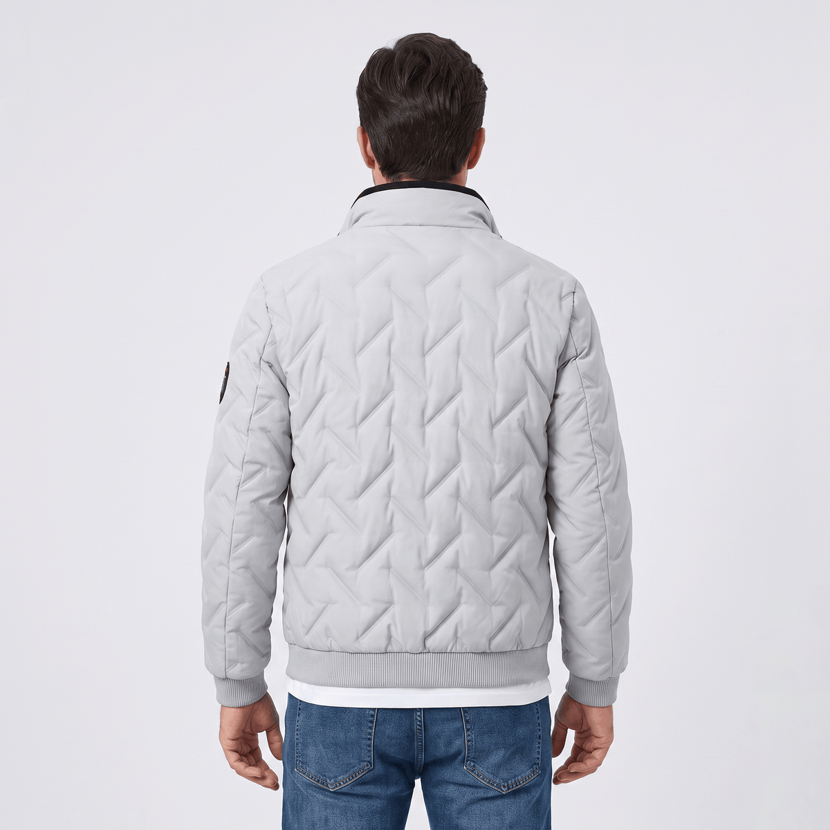 Men's chevron quilted bomber jacket with stand collar