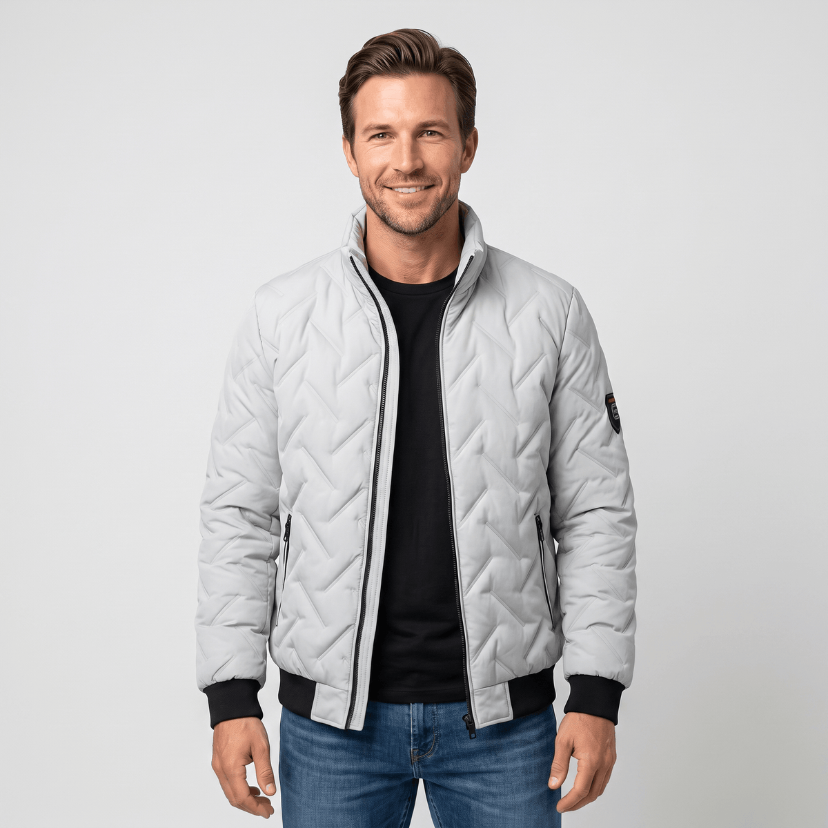 Men's chevron quilted bomber jacket with stand collar - gray