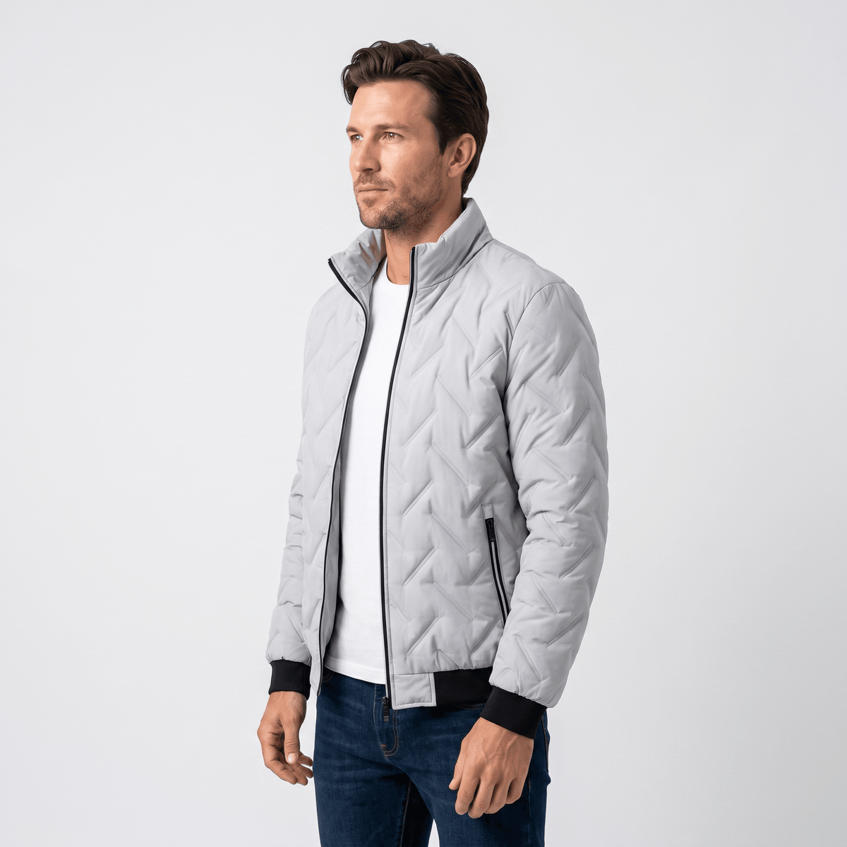 Men's chevron quilted bomber jacket with stand collar