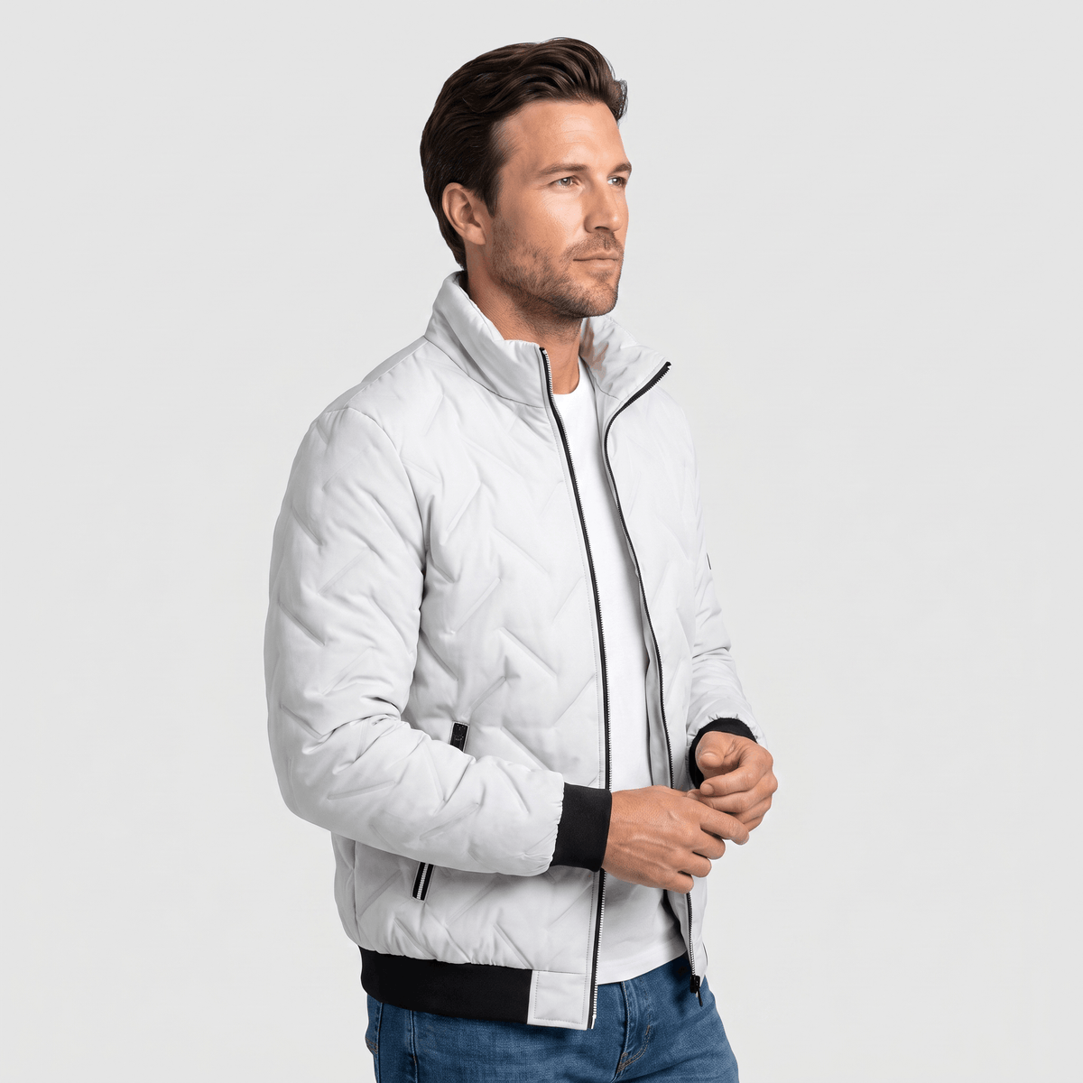 Men's chevron quilted bomber jacket with stand collar