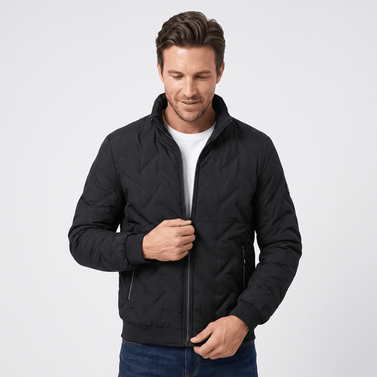 Men's chevron quilted bomber jacket with stand collar - black