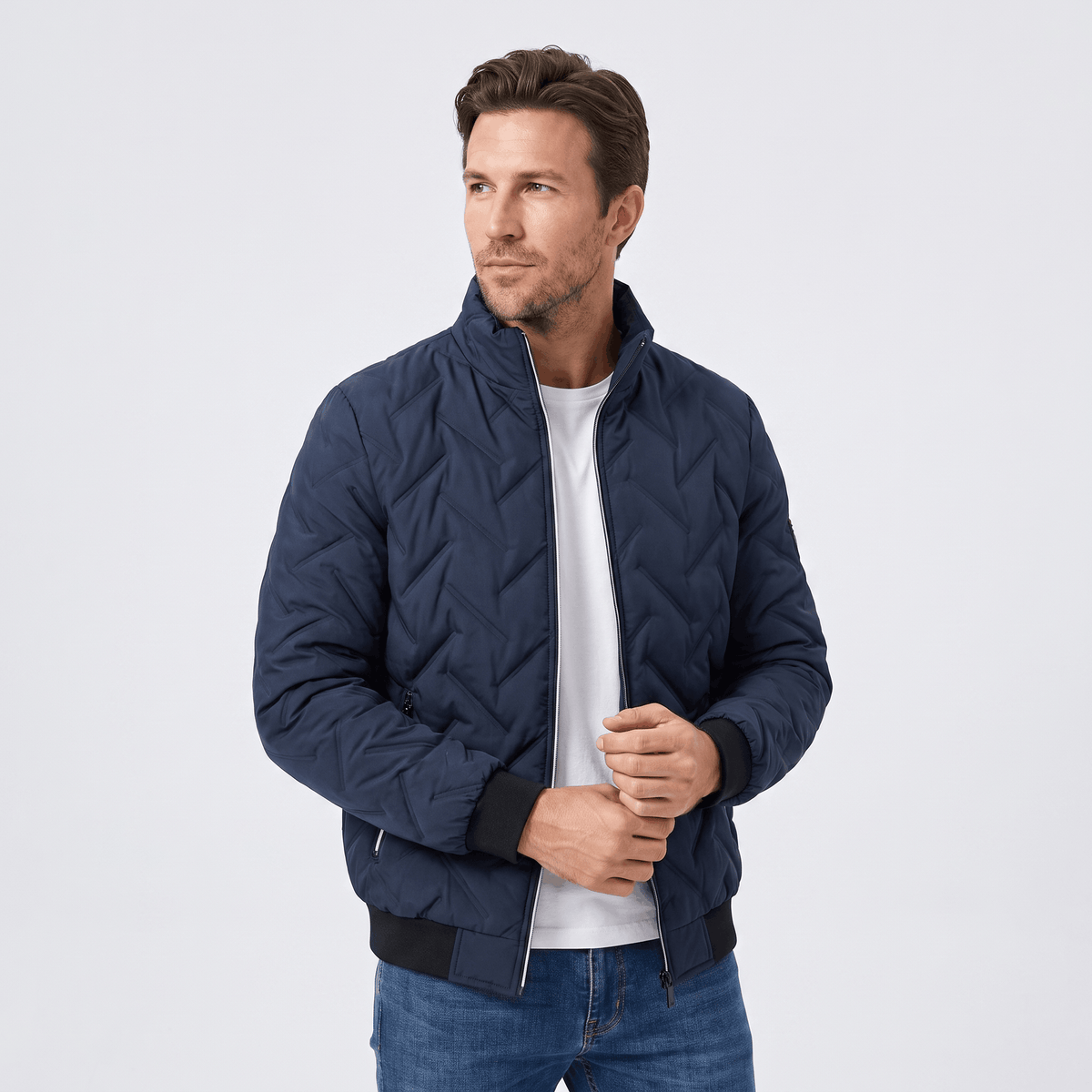 Men's chevron quilted bomber jacket with stand collar - blue