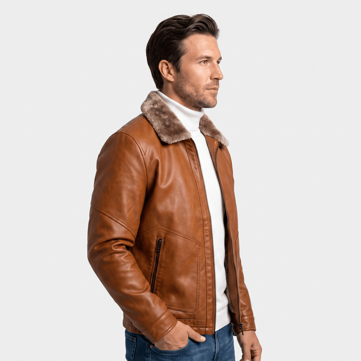 Men's leather look jacket with shearling collar
