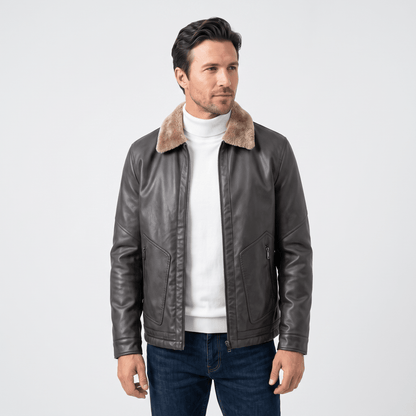 Men's leather look jacket with shearling collar - gray