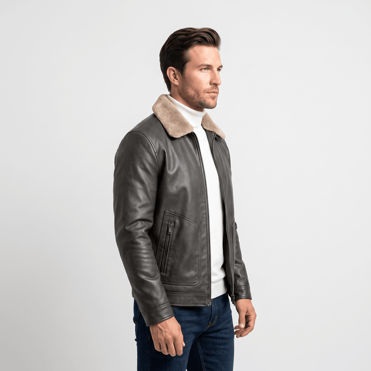 Men's leather look jacket with shearling collar