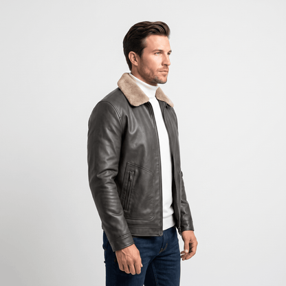 Men's leather look jacket with shearling collar
