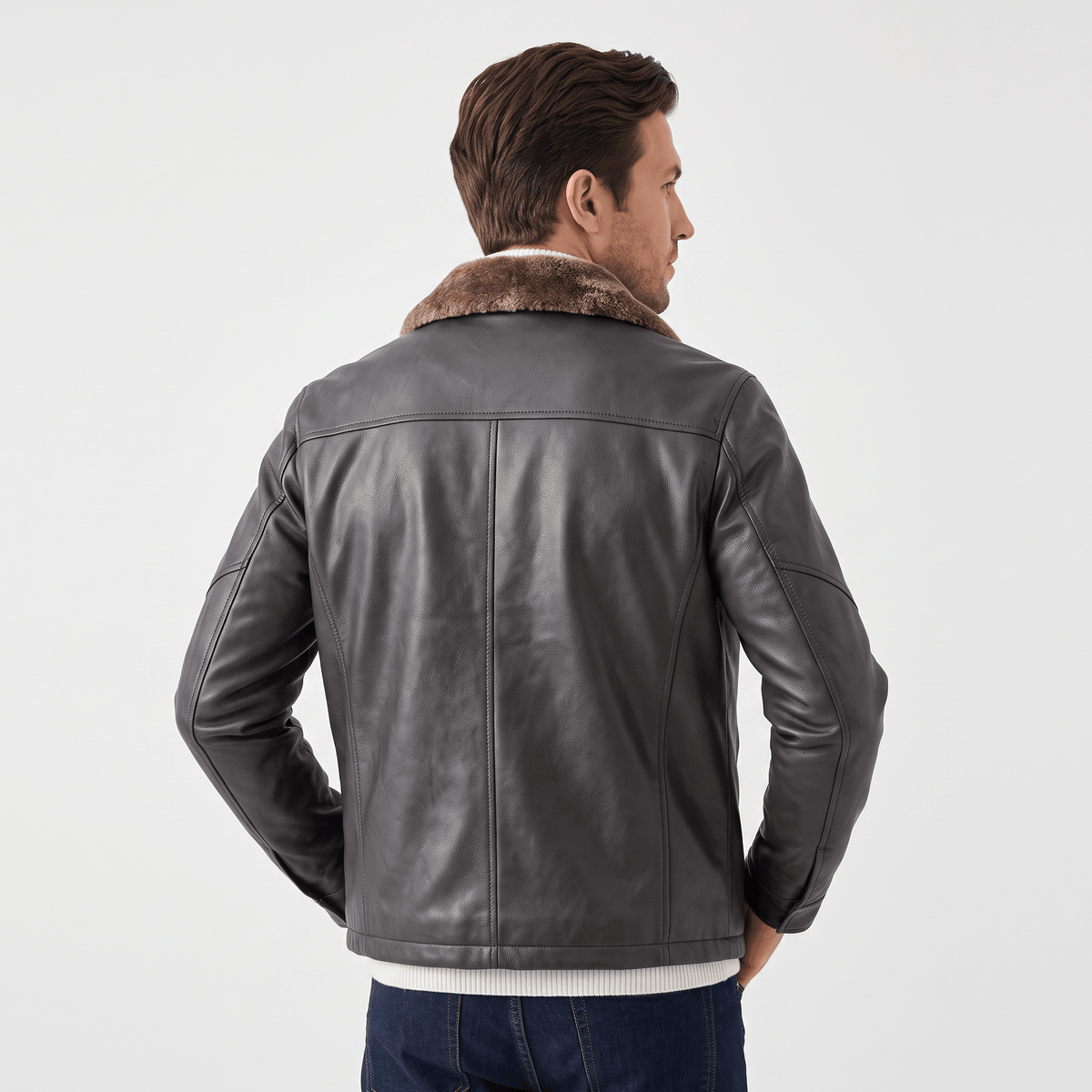 Men's leather look jacket with shearling collar