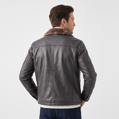 Men's leather look jacket with shearling collar