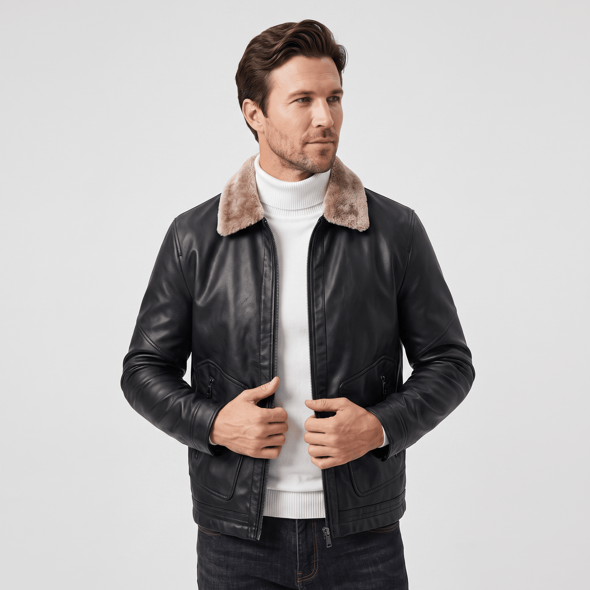 Men's leather look jacket with shearling collar - black