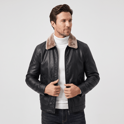 Men's leather look jacket with shearling collar - black