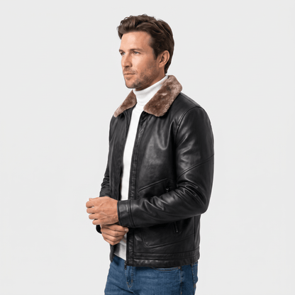 Men's leather look jacket with shearling collar