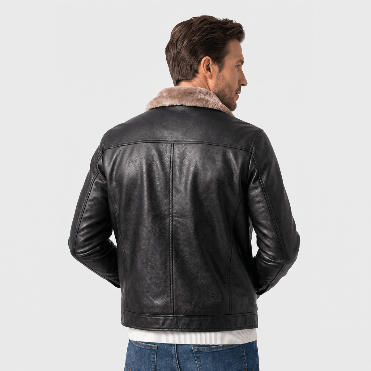 Men's leather look jacket with shearling collar
