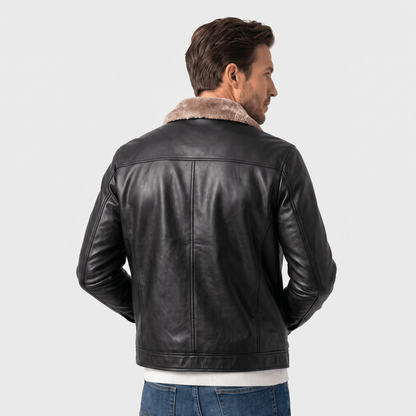 Men's leather look jacket with shearling collar