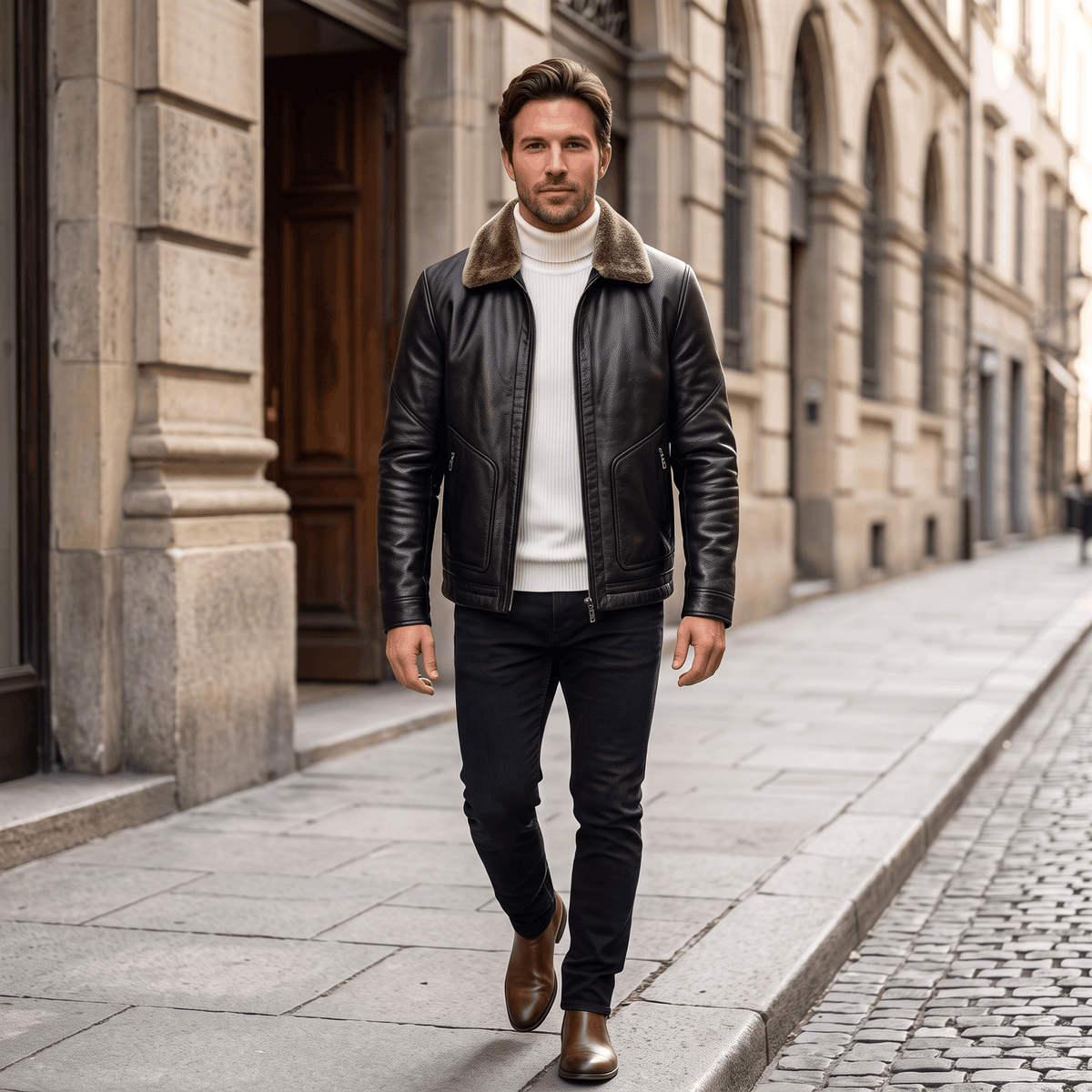Men's leather look jacket with shearling collar
