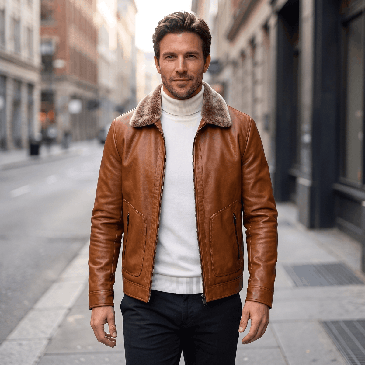 Men's leather look jacket with shearling collar