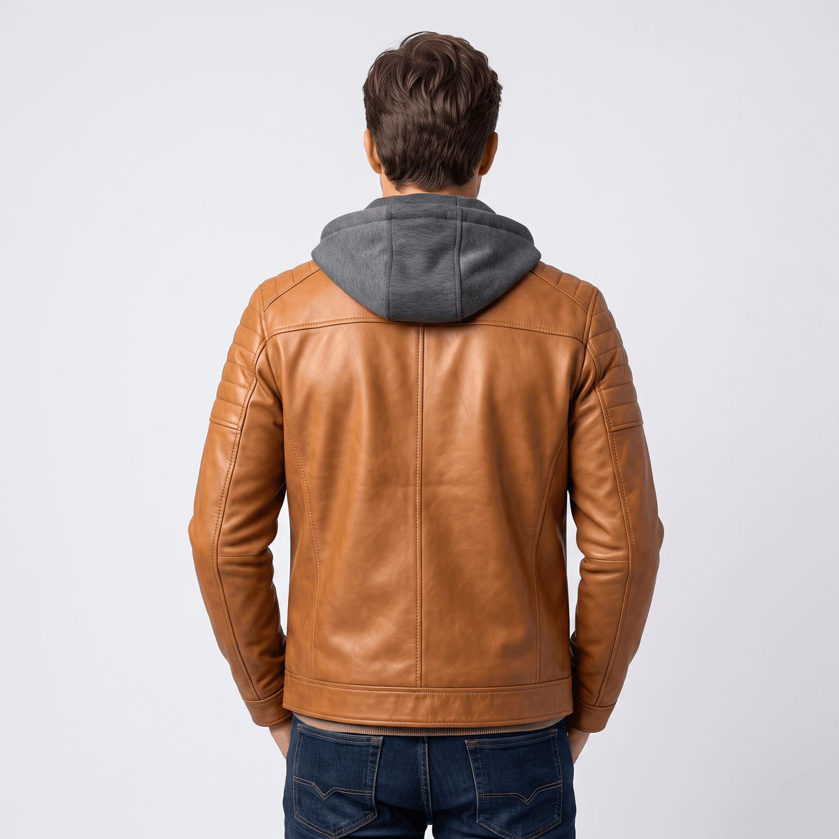 Men's leather look jacket with removable hood