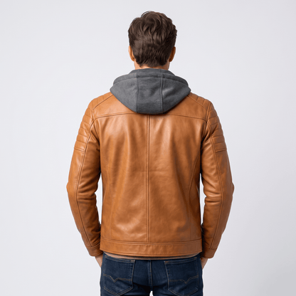 Men's leather look jacket with removable hood