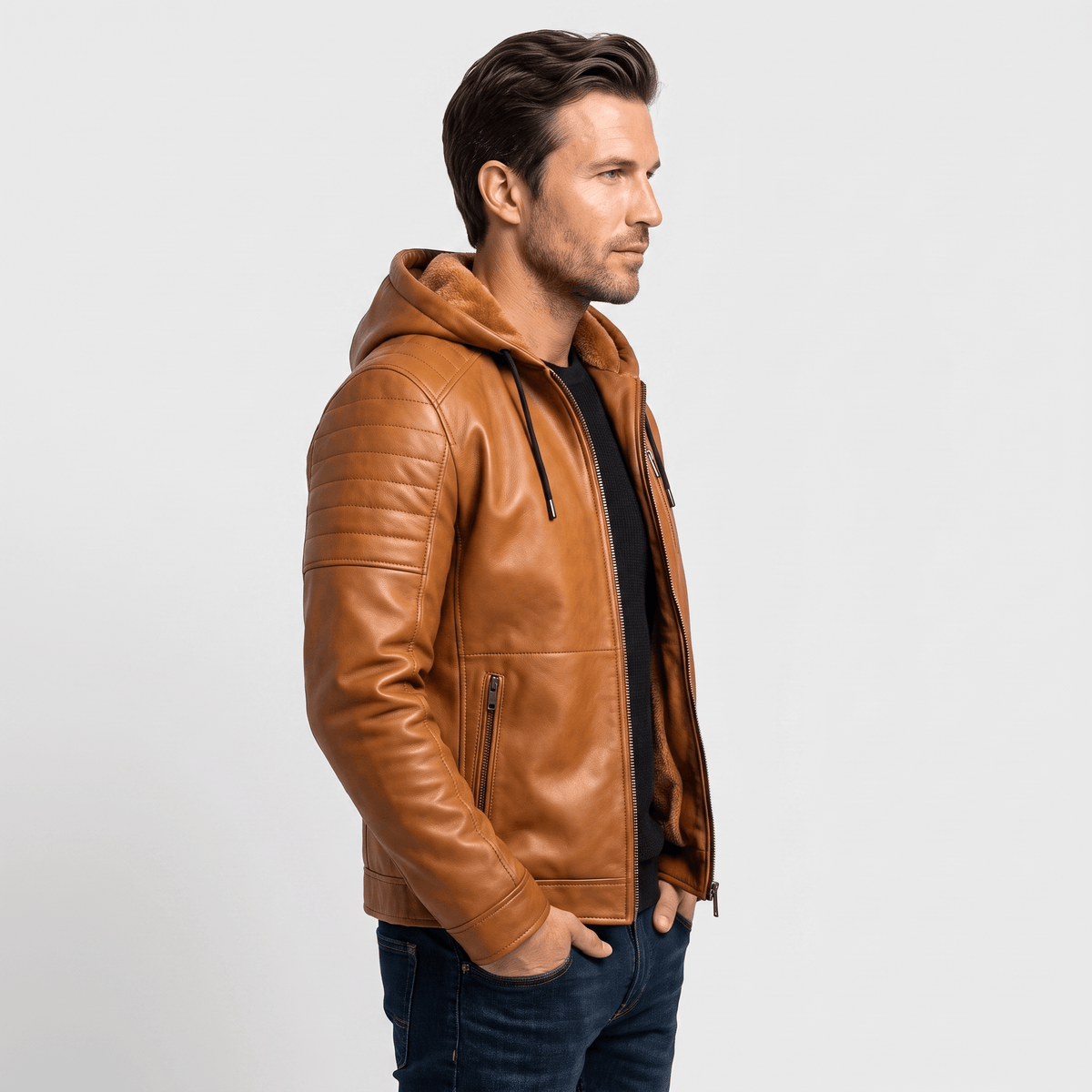 Men's leather look jacket with removable hood