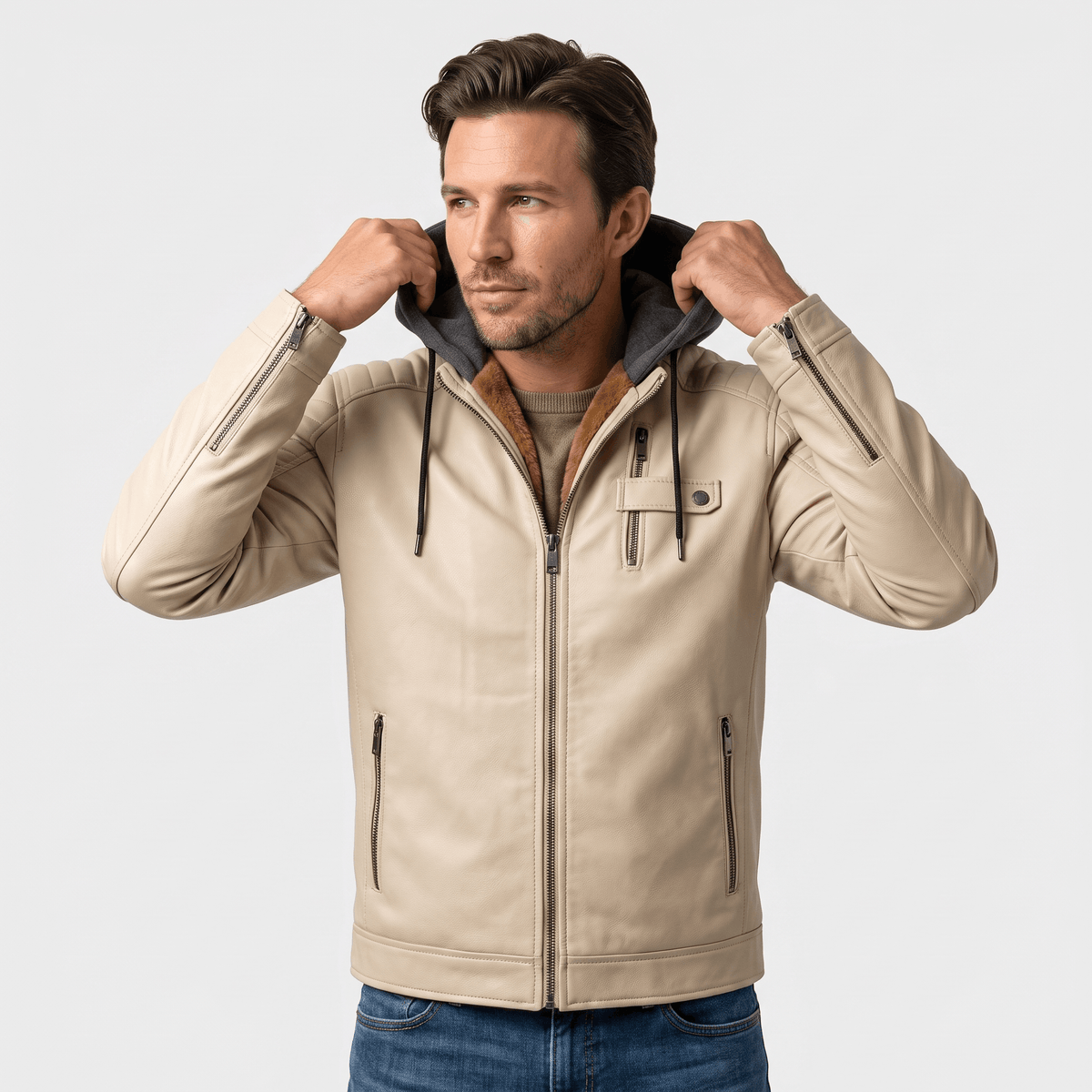 Men's leather look jacket with removable hood - white