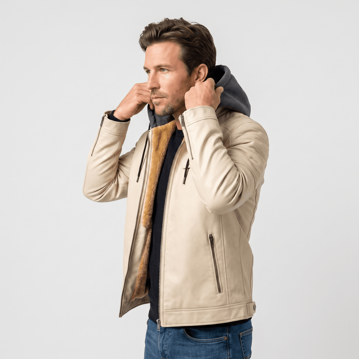 Men's leather look jacket with removable hood