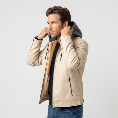 Men's leather look jacket with removable hood