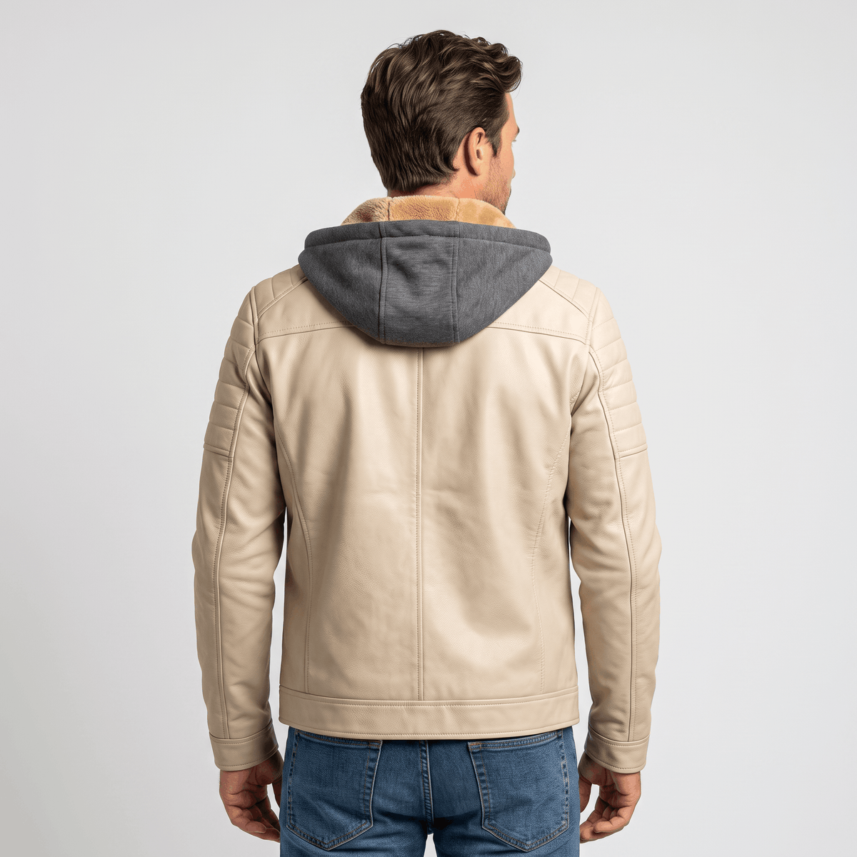 Men's leather look jacket with removable hood