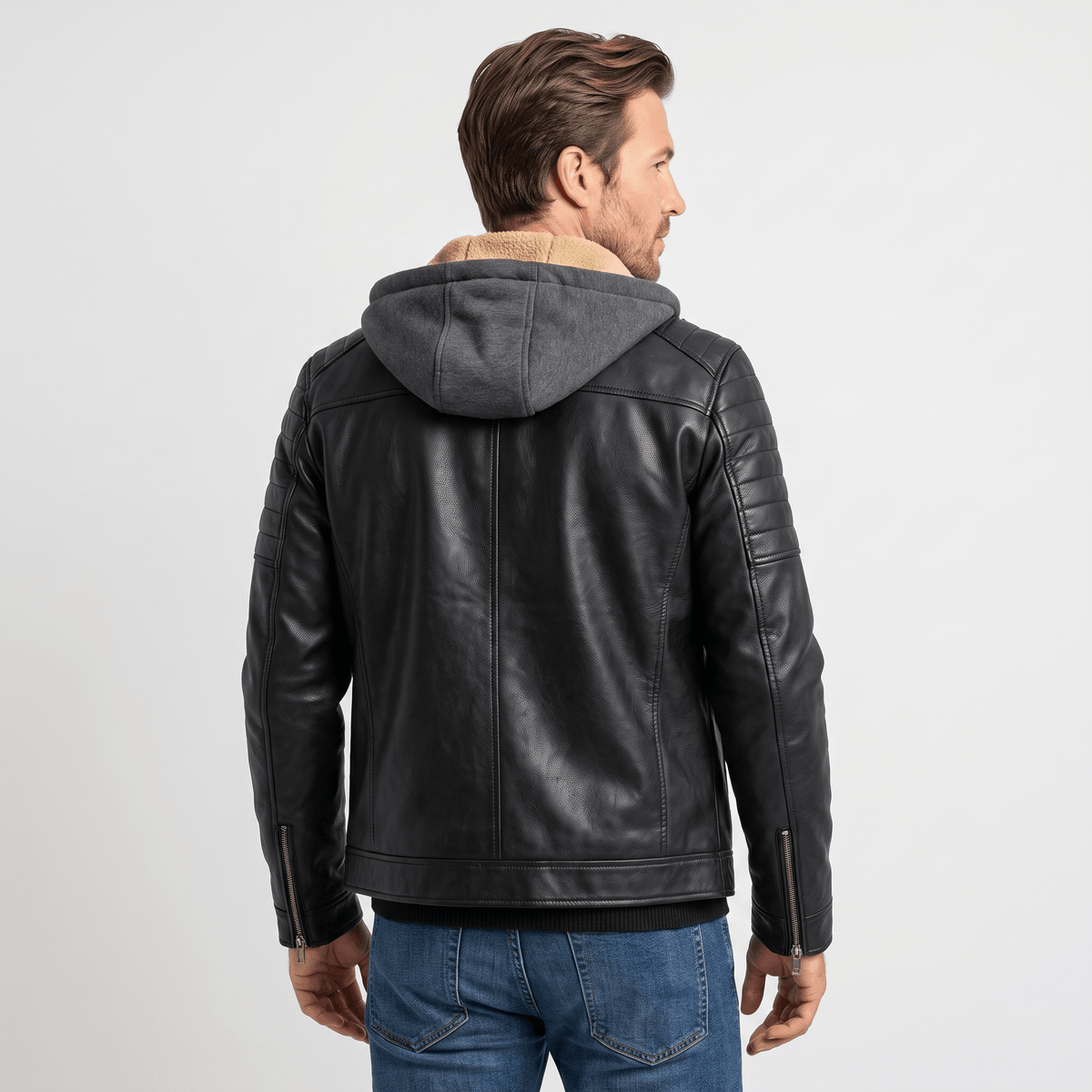 Men's leather look jacket with removable hood