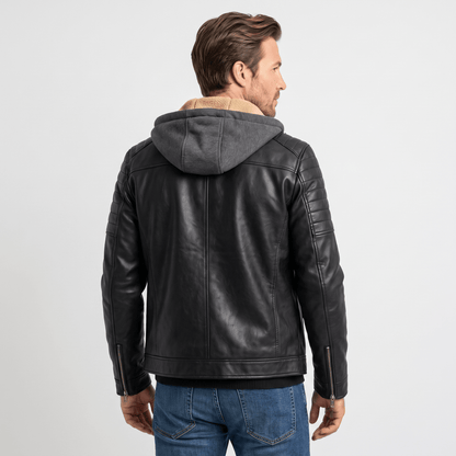 Men's leather look jacket with removable hood