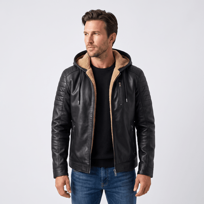 Men's leather look jacket with removable hood - black