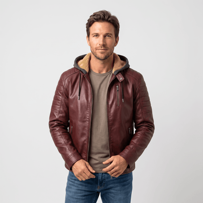 Men's leather look jacket with removable hood - plum brown