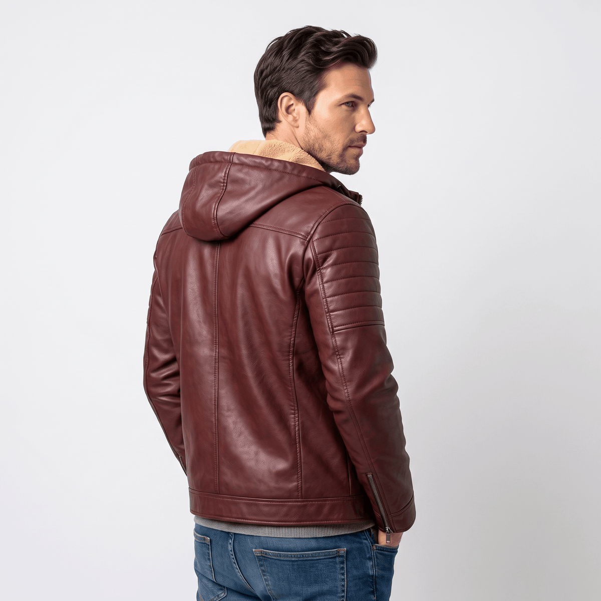 Men's leather look jacket with removable hood