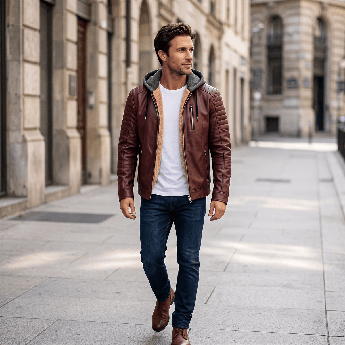 Men's leather look jacket with removable hood