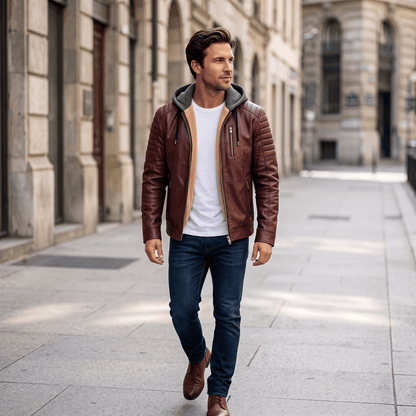 Men's leather look jacket with removable hood