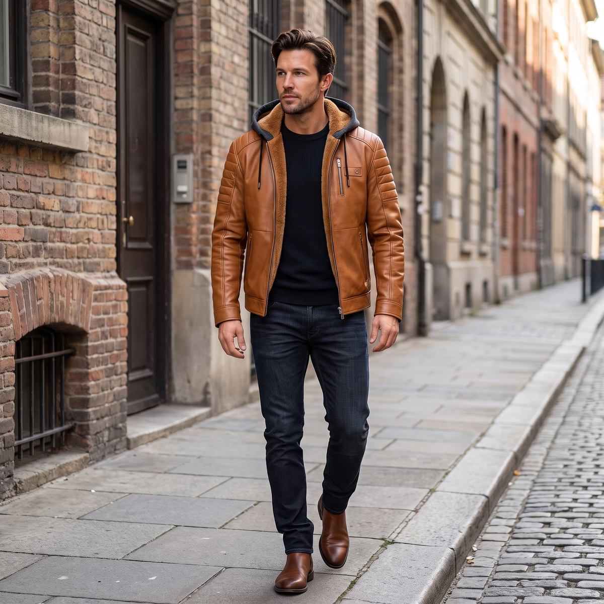 Men's leather look jacket with removable hood