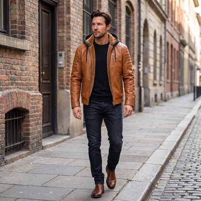 Men's leather look jacket with removable hood