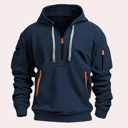 Men's half zip hoodie with chest pocket - navy blue