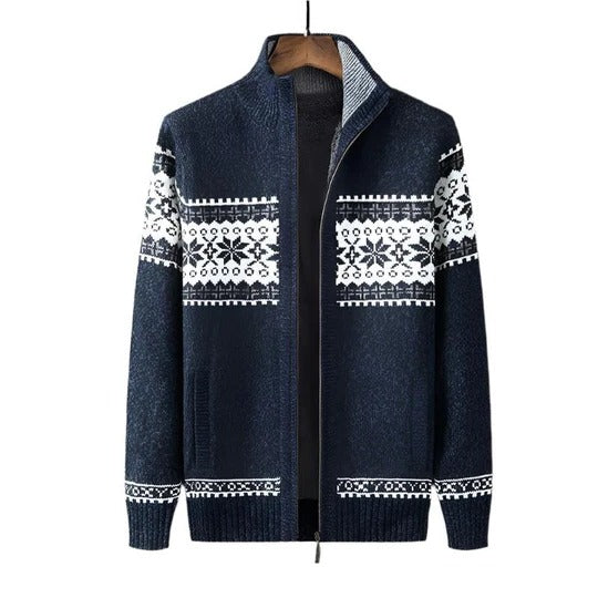 Men's nordic pattern full zip knit cardigan - dark blue