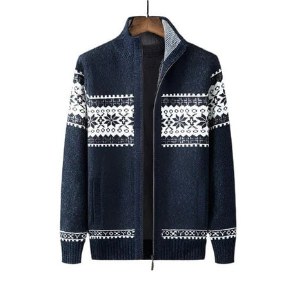 Men's nordic pattern full zip knit cardigan - dark blue