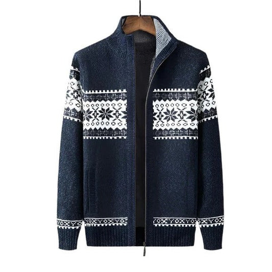 Men's nordic pattern full zip knit cardigan - dark blue