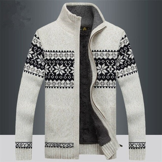 Men's nordic pattern full zip knit cardigan - white