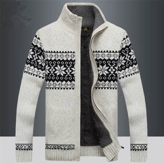 Men's nordic pattern full zip knit cardigan - white