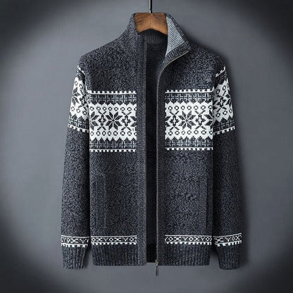 Men's nordic pattern full zip knit cardigan - gray